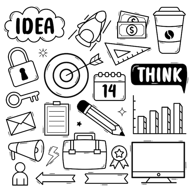 Conjunto de garabatos dibujados a mano de diseño de ilustración vectorial de iconos de oficinas y negocios