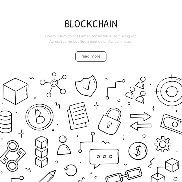 Conjunto de garabatos dibujados a mano de elementos temáticos de blockchain Plantilla de banner Concepto de tecnología financiera en estilo de boceto Ilustración de comercio electrónico vectorial
