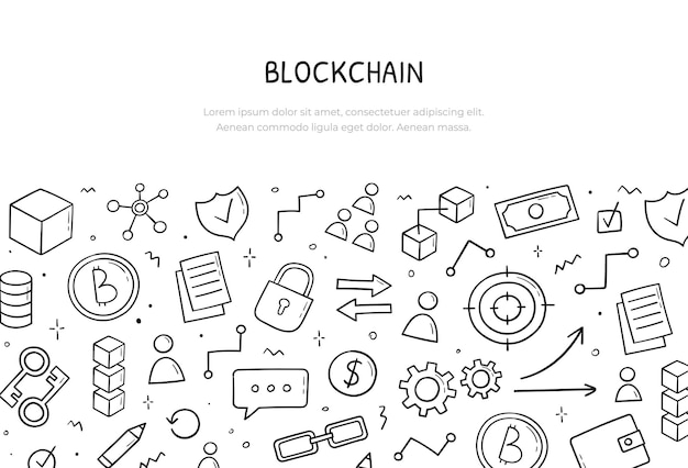 Conjunto de garabatos dibujados a mano de elementos temáticos de cadena de bloques Plantilla de banner horizontal Concepto de criptomoneda en estilo boceto Ilustración de comercio electrónico vectorial