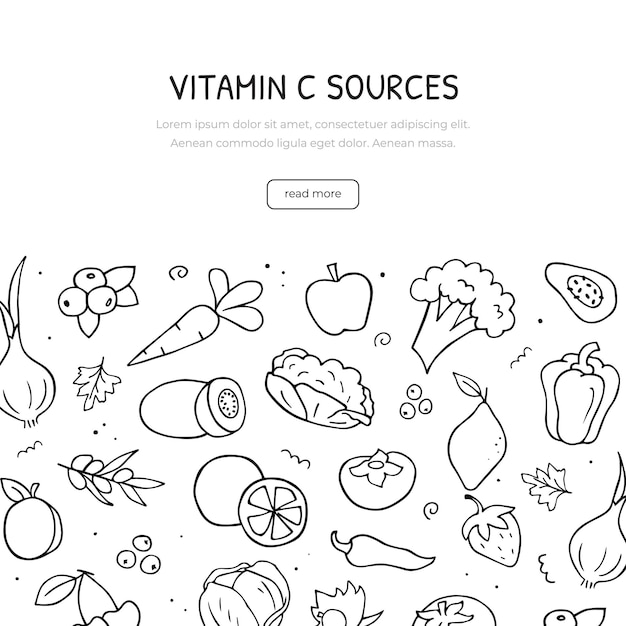 Conjunto de garabatos dibujados a mano de fuentes de vitamina c plantilla de banner horizontal esquema vectorial en blanco y negro