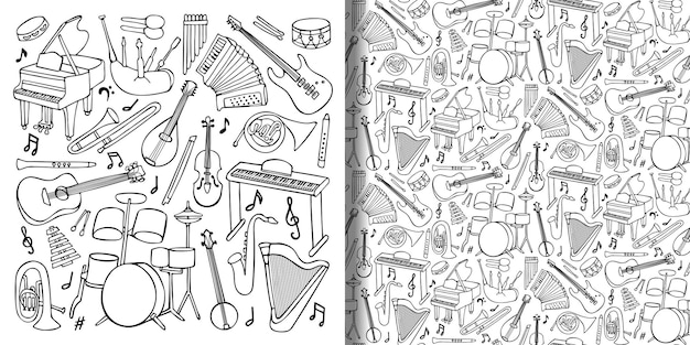 Conjunto de garabatos dibujados a mano y patrones sin fisuras con instrumentos musicales y objetos