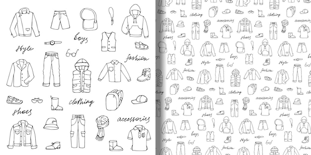 Conjunto de garabatos dibujados a mano y patrones sin fisuras con ropa de niño infantil y letras