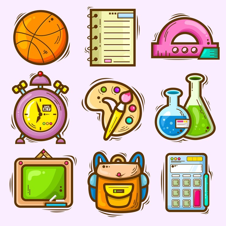 Vector conjunto de garabatos dibujados a mano con pegatinas de útiles escolares lindos