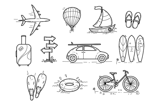 Vector un conjunto de garabatos dibujados a mano de símbolos de vacaciones, garabatos de viajes, bocetos turísticos y de verano