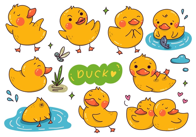 Conjunto de garabatos de dibujos animados de pato lindo