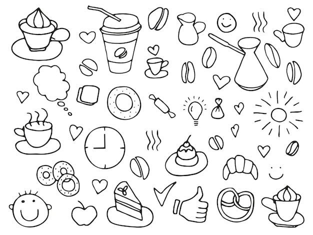 Conjunto de garabatos de dibujos de café bocetos hechos a mano Comida y bebida Conjunto de vectores de garabatos de comida rápida