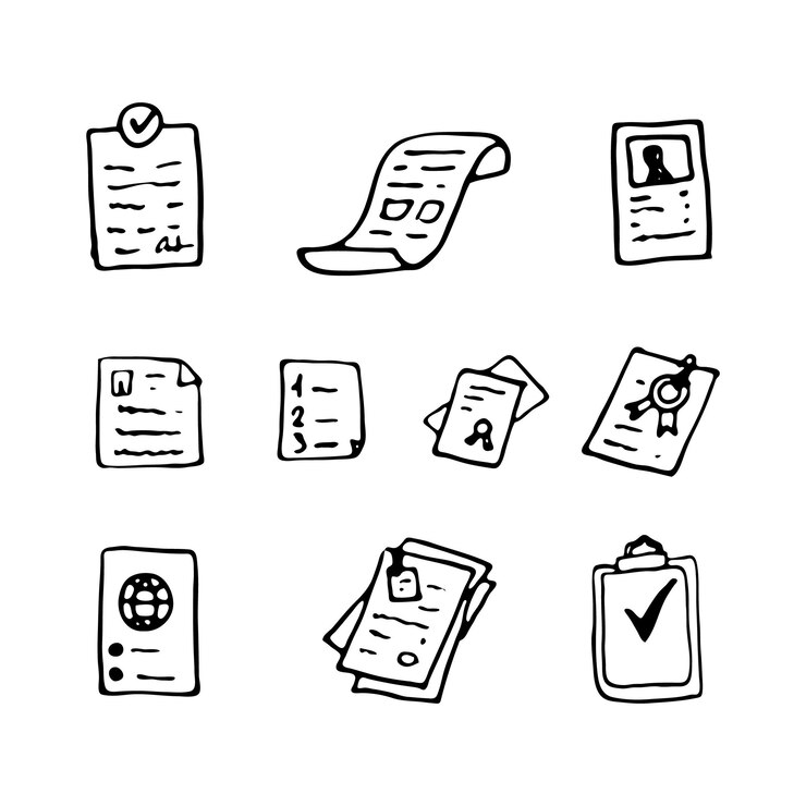 Vector conjunto de garabatos de documentos dibujados a mano. iconos de estilo de dibujo. elemento de decoración. aislado sobre fondo blanco. diseño plano. ilustración vectorial.