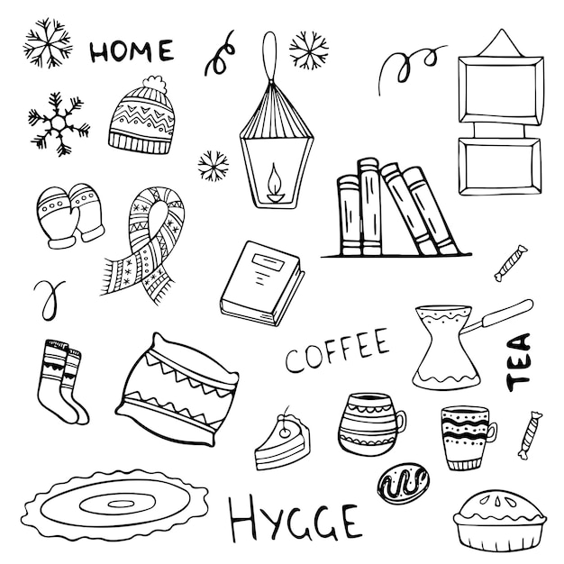 Conjunto de garabatos de elementos acogedores de hygge dibujados a mano en vector