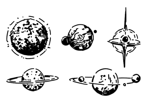 Conjunto de garabatos espaciales cósmicos Dibujos de contorno de diferentes planetas Bocetos de ciencia astronómica Ilustración vectorial dibujada a mano aislada en blanco