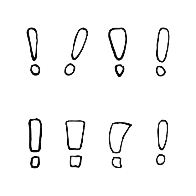 Conjunto de garabatos de exclamación dibujados a mano. Iconos de estilo de dibujo. Elemento de decoración. Aislado sobre fondo blanco. Diseño plano. Ilustración vectorial.