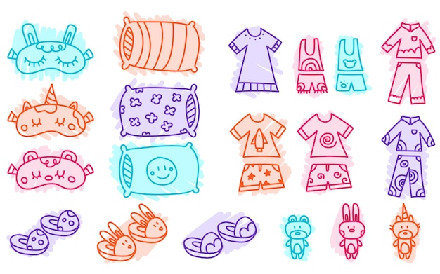 Conjunto de garabatos de fiesta de pijamas dibujados a mano