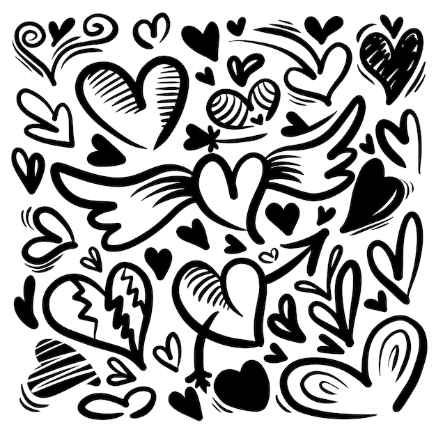 Conjunto de garabatos en forma de corazón aislados sobre un fondo blanco