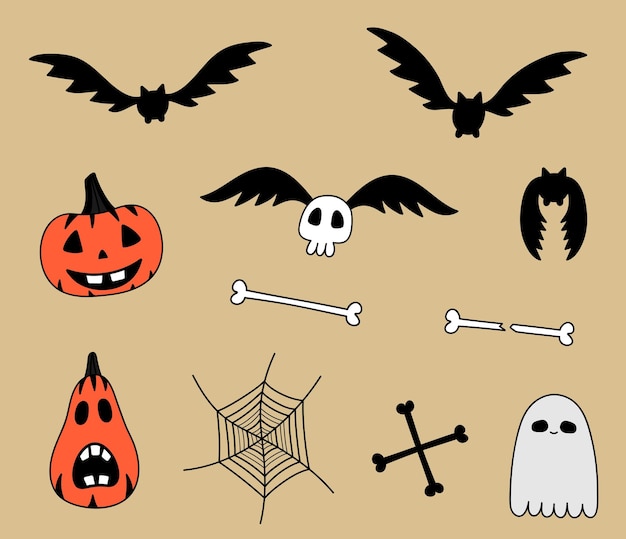 Conjunto de garabatos de halloween aislados. murciélagos vectoriales dibujados a mano, calabazas, fantasmas, cráneo, huesos, telaraña