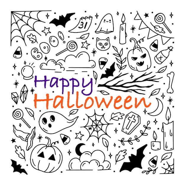 Vector conjunto de garabatos de iconos de halloween. pegatinas de dibujo vectorial impresión de celebración de vacaciones de halloween