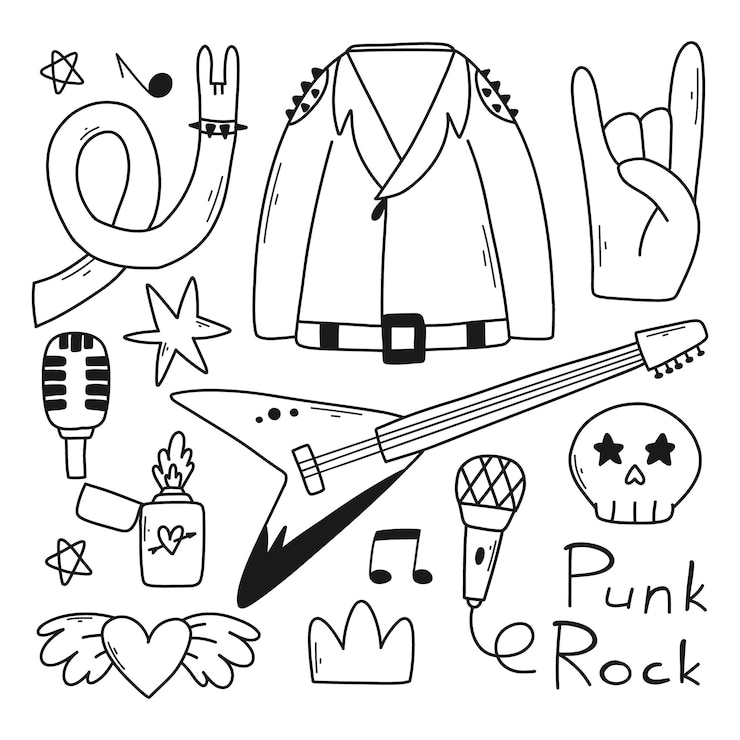 Vector conjunto de garabatos de música rock n roll punk tatuajes graffiti pegatina dibujada a mano texto cráneo corazón