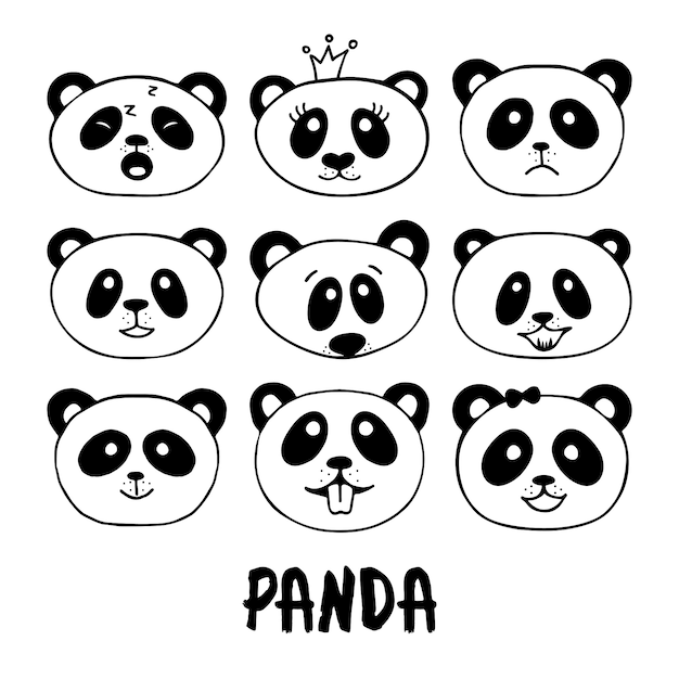 Conjunto de garabatos de panda dibujados a mano.