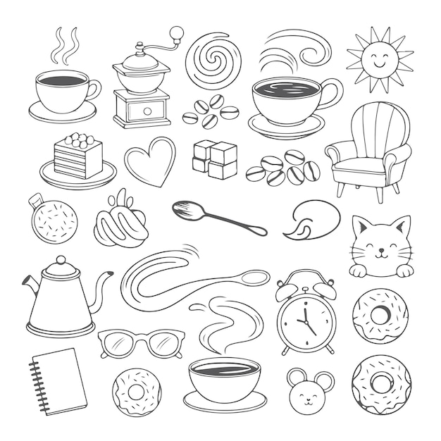 Conjunto de garabatos con temática de café en fondo blanco Garabatos abstractos dibujados a mano aislados en fondo blanco