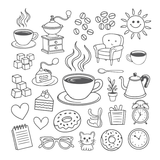 Conjunto de garabatos con temática de café en fondo blanco Garabatos abstractos dibujados a mano aislados en fondo blanco