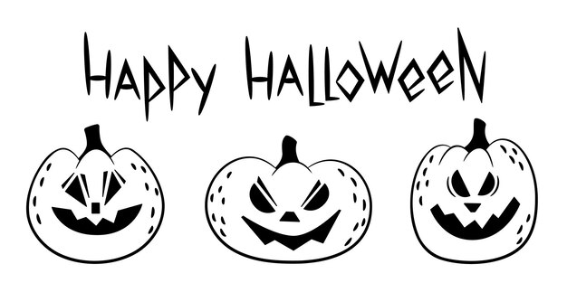 Vector conjunto de garabatos vectoriales de calabazas aterradoras y letras happy halloween esquema sketch