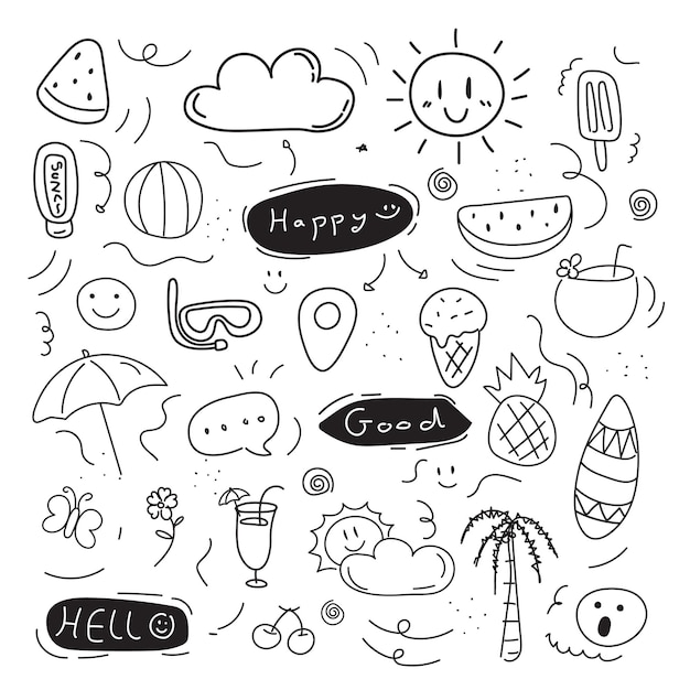 Conjunto de garabatos vectoriales iconos de verano estilo de garabato dibujado a mano sol palmera paraguas bola de helado