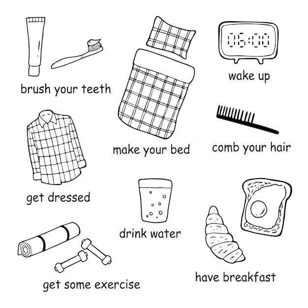 Conjunto de garabatos vectoriales con imágenes prediseñadas de rutina matutina Pasos de la rutina matutina Dibujado a mano