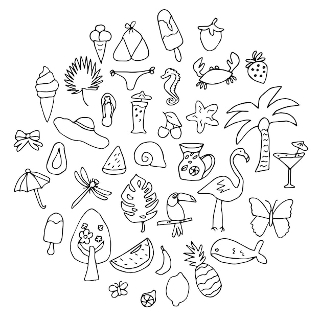 Conjunto de garabatos de verano vacaciones frutas tropicales plantas animales ilustración vectorial sobre fondo blanco