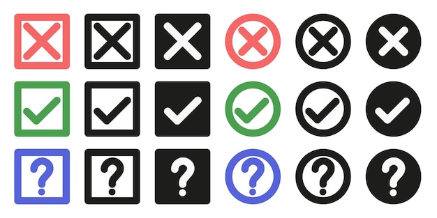 Un conjunto de garrapatas planas y cruces y un signo de interrogación en un cuadrado y en un círculo gráficos vectoriales