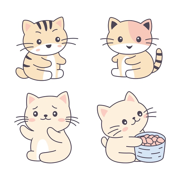 Conjunto de gatito laranja lindo gato pequeño animal de compañía personaje de dibujos animados está comiendo y bebiendo