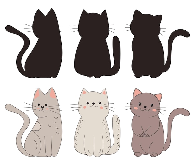 conjunto de gatitos en estilo doodle sobre vector de fondo blanco