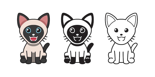 Conjunto de gato siamés de dibujos animados de carácter vectorial para el diseño.