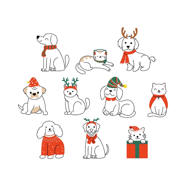 Conjunto de gatos y cachorros de Navidad con accesorios de invierno como sombreros y bufandas