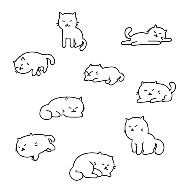 Conjunto de gatos de dibujos animados ilustración de vector de estilo plano geométrico moderno simple cute clip art cat doodle