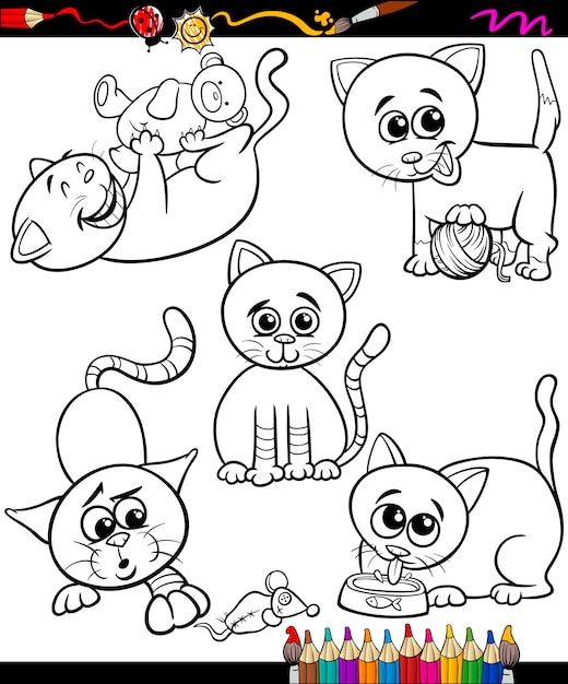 Conjunto de gatos dibujos animados libro para colorear