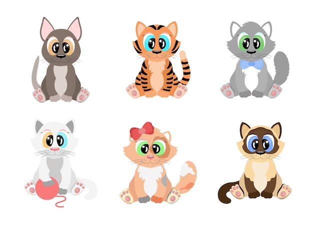 Vector conjunto de gatos de dibujos animados. lindos gatitos de diferentes razas con ojos grandes están sentados.