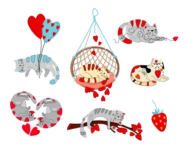 Vector conjunto de gatos en estilo garabato con corazones