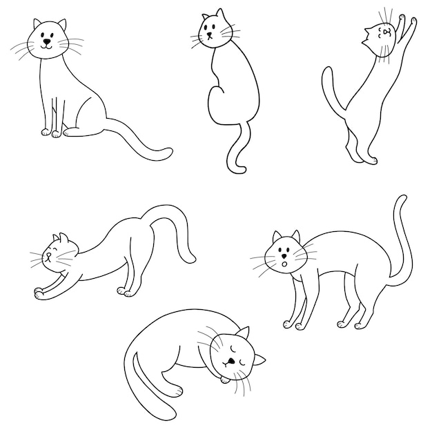 Conjunto de gatos garabatos en la ilustración de vector de estilo de dibujos animados de carácter animal lindo para diseño de impresión