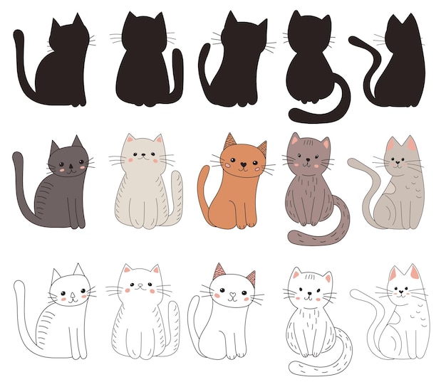 Conjunto de gatos gatitos en vector de estilo doodle