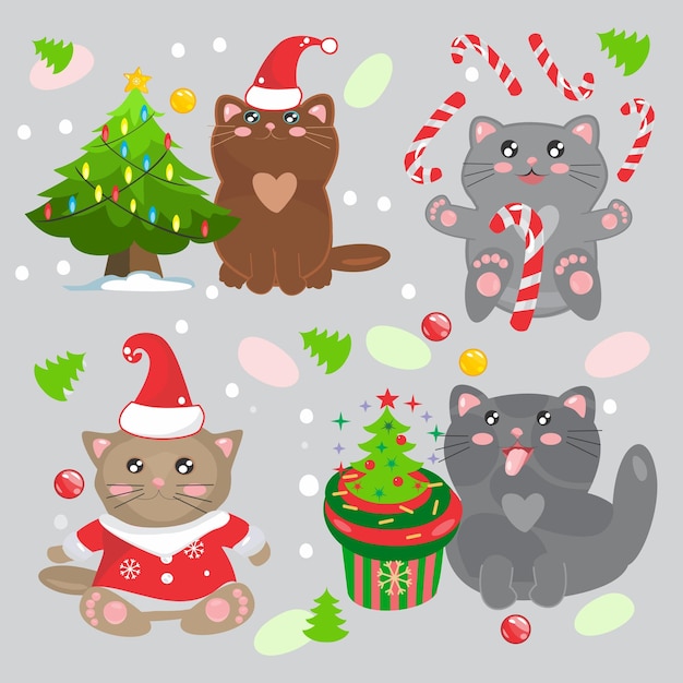 Conjunto de gatos de Navidad Adhesivos de Año Nuevo con gatos gatos en sombreros caramelos bastones árbol de Navidad