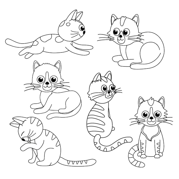 Conjunto de gatos Página para colorear Gatito gatito blanco y negro Vector