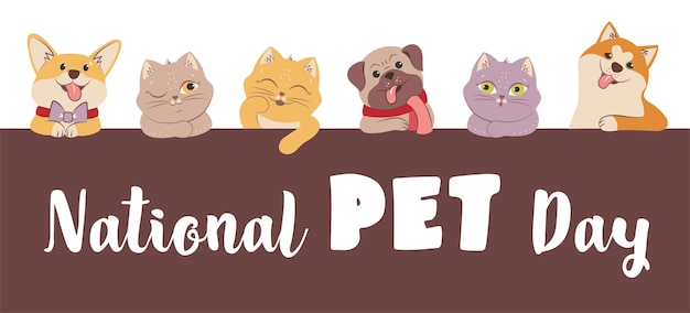 Vector el conjunto de gatos y perros con cita es bueno para el día nacional de las mascotas, los animales de dibujos animados para los diseños de vacaciones, esto es pug akita corgi y colorido gatito