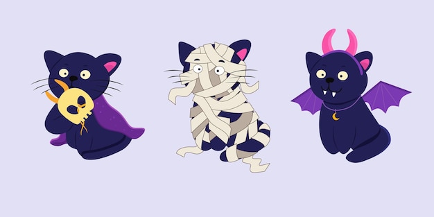 Un conjunto de gatos vector azul en disfraces para celebrar halloween