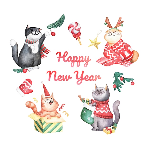 Conjunto de gatos vectoriales de Año Nuevo dibujados a mano en acuarela