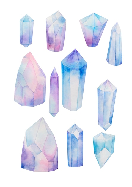 Conjunto de gemas minerales de cristal azul acuarela pintada a mano ilustración