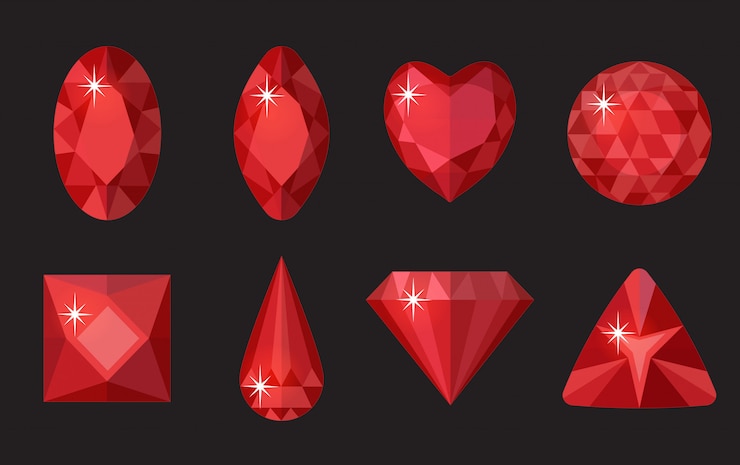 Vector conjunto de gemas rojas. joyas, colección de cristales aislado sobre fondo negro. rubíes, diamantes de diferentes formas, tallados. piedras preciosas rojas de colores. estilo de dibujos animados realista. ilustración, clip art
