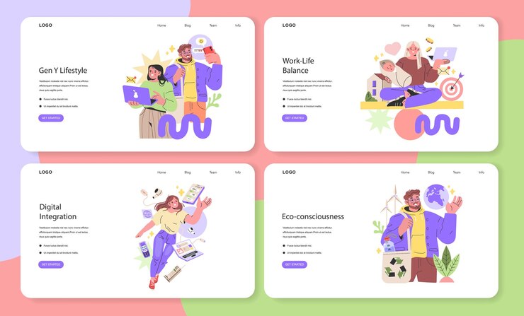 Vector el conjunto de la generación y muestra un estilo de vida holístico con viajes, fitness y aventura de atención plena