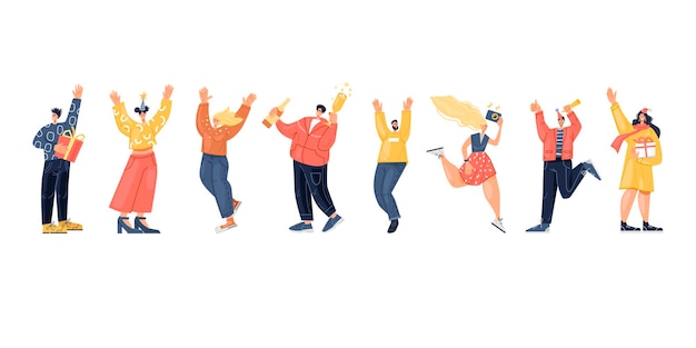 Conjunto de gente feliz divirtiéndose en una fiesta Año nuevo o cumpleaños Diseño plano Ilustración vectorial