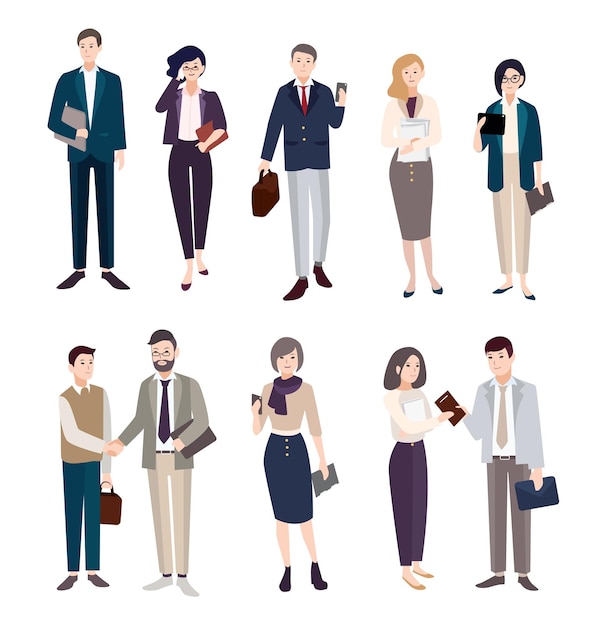 Conjunto de gente de negocios. Hombres y mujeres en ropa de oficina. Ilustración plana colorida.