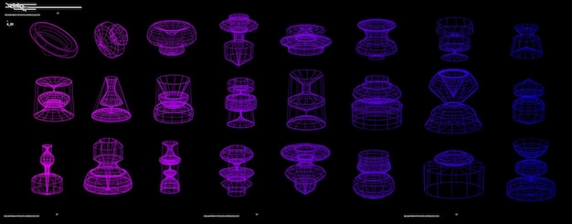 Conjunto de geometría futurista retro con forma de estructura metálica 3d de moda digital Paquete de estilo cyberpunk de los años 80