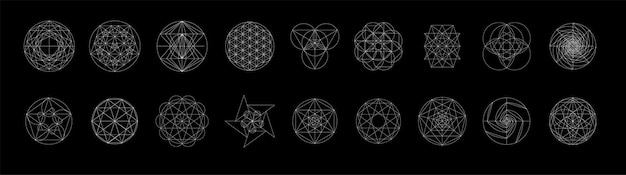Conjunto de geometría sagrada Ilustración vectorial aislada en blanco Geometría sagrada Líneas blancas sobre fondo negro