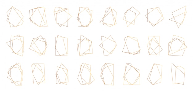 Conjunto geométrico poligonal abstracto marco dorado.